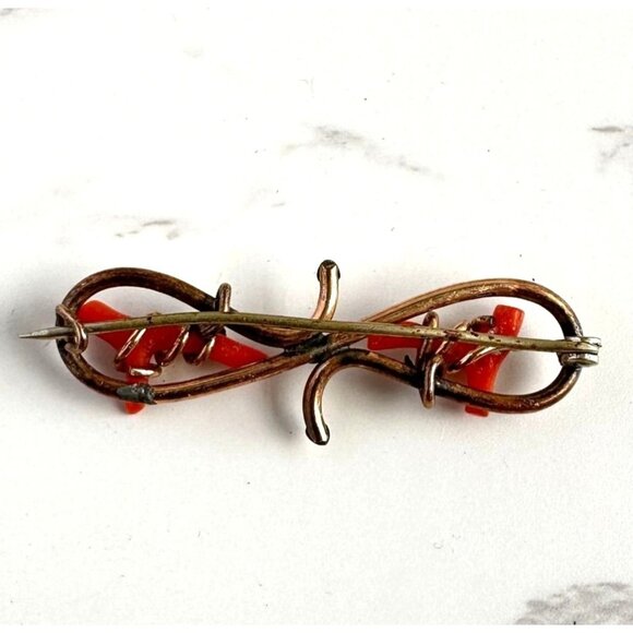 Antique Victorian Brooch, Red Coral Branches, Gold Filled Ornate Pin, 1800s - Picture 2 of 9